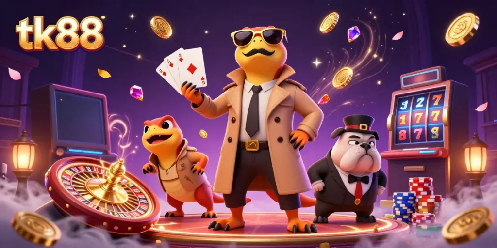 Experience a humorous take on tk88 with cartoon raptors entering a VIP casino, surrounded by vibrant gambling elements.