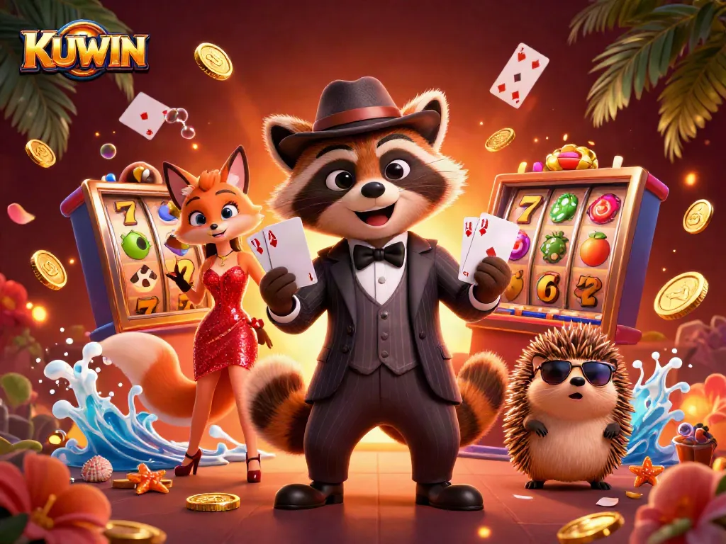 Engage in thrilling casino action with KUWIN, featuring a raccoon, fox, and hedgehog amidst slot games and vibrant graphics.