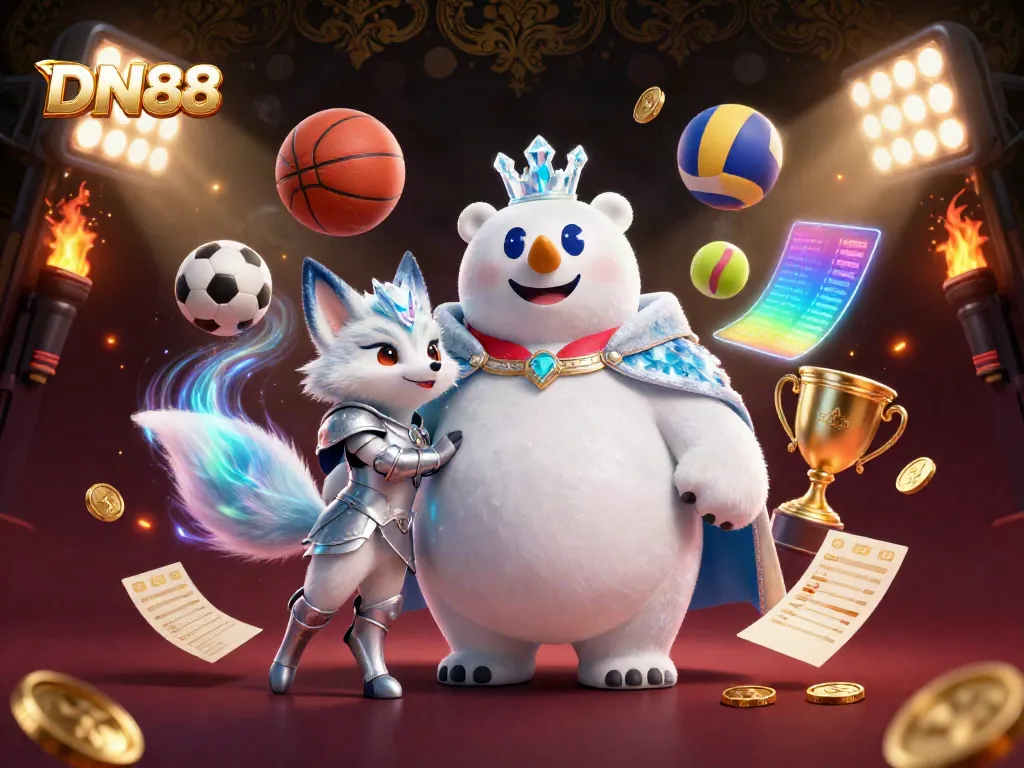 Experience thrill with DN88's energetic gaming scene featuring a royal polar bear and dynamic sports elements.