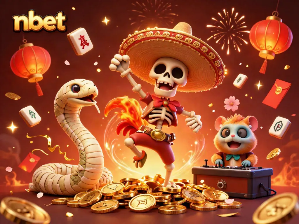 Win big with nbet's festive gaming scene featuring dynamic characters and exciting casino elements.