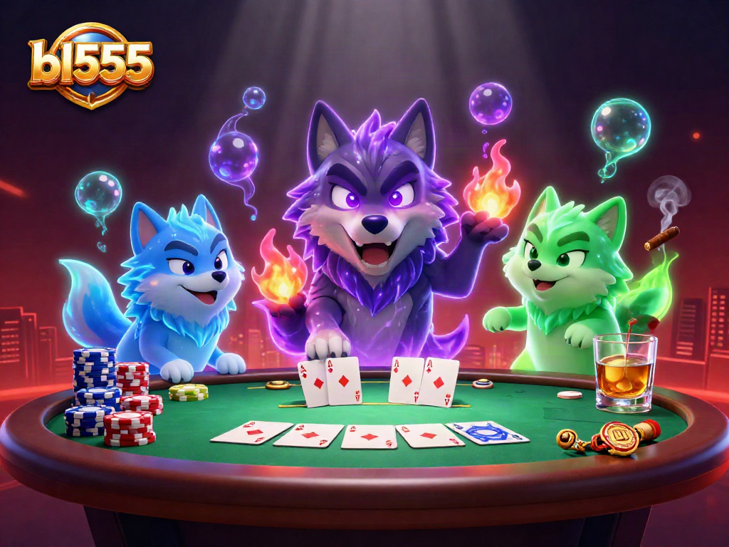 Experience the thrill of poker with bl555, featuring ethereal wolves at a vibrant gaming table.