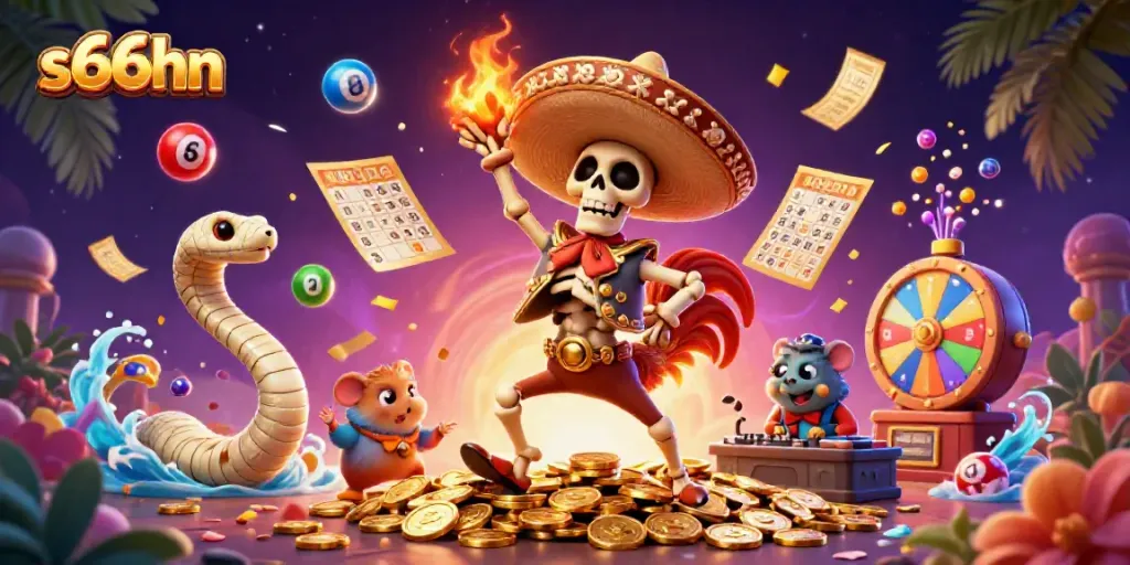 Experience the excitement of s666hn with a vibrant 3D casino celebration featuring dynamic characters and colorful elements.