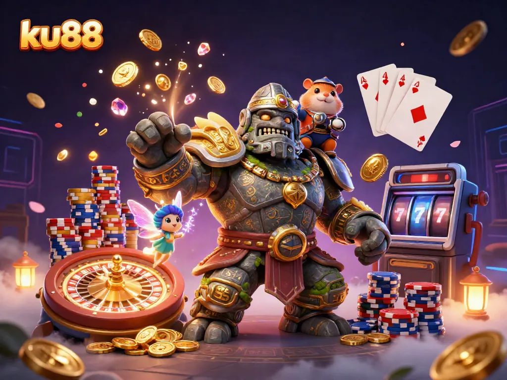 Win big with ku88 in this magical 3D casino scene filled with lucky charms and vibrant activities.