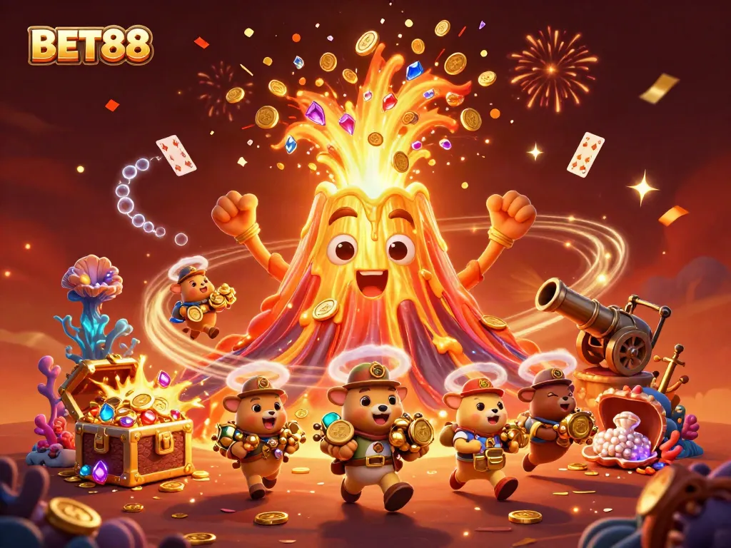 Experience excitement with BET88 as a golden volcano erupts coins and gems around fleeing explorers, creating a treasure frenzy.