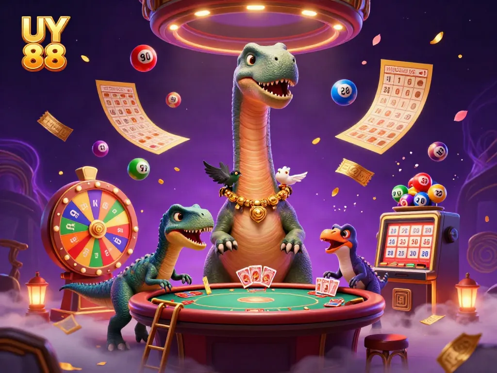 Engage in the colorful world of UY 88 with a playful brontosaurus and raptor dealing cards.