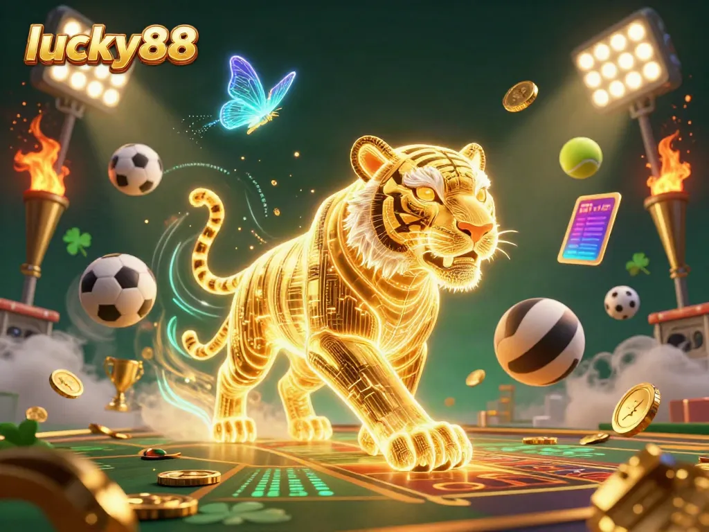 Bet on luck and fortune with lucky88 in this vibrant 3D casino scene featuring action-packed sports betting elements.