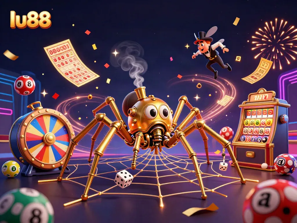 Engaging LU88 casino scene with a steampunk spider, golden tickets, and vibrant lottery balls.