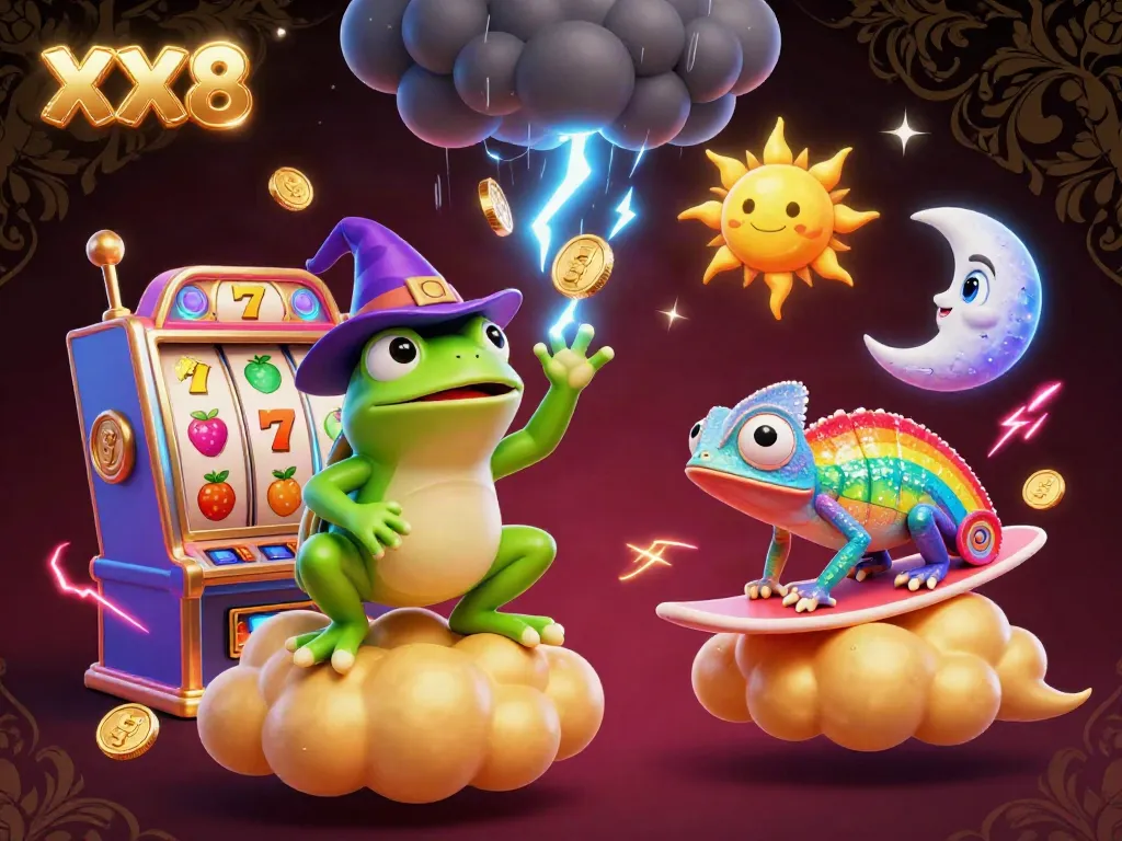 Experience the luck with the XX8 frog wizard storming coins in a vibrant casino-themed scene.