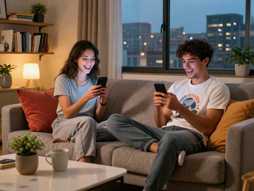 Engaging sex chat scene with two individuals in a cozy living room, depicting a lively conversation.