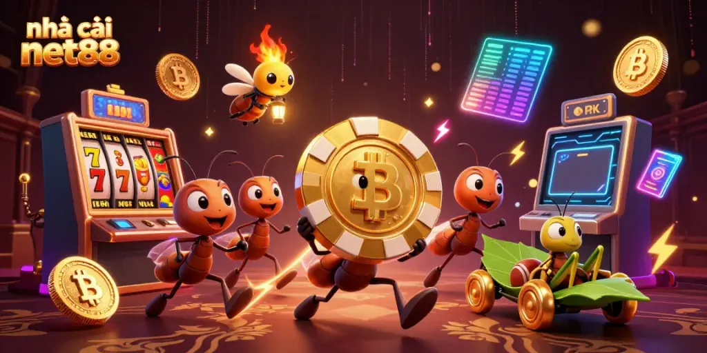 Experience thrilling action with nhà cái net88 as ants carry a giant poker chip amidst casino-themed elements.