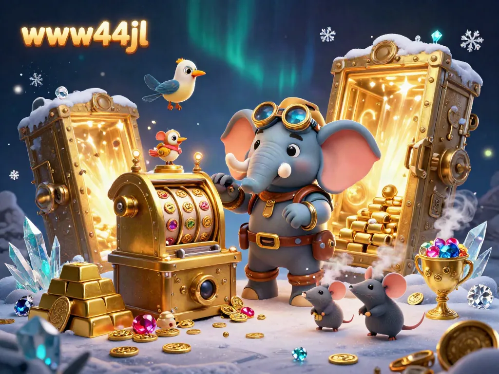 Engage with the magical world of www44jl as the steampunk elephant spins the slot machine amidst treasures and sparkling gems.