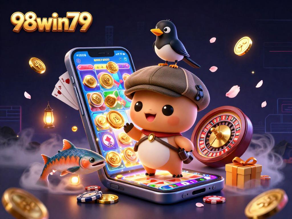 Engage in exciting slots and casino fun with 98win79 in this vibrant 3D scene filled with gold and playful characters.