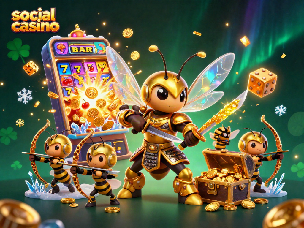 Experience thrills at a social casino with golden hornet warriors and jackpot explosions.