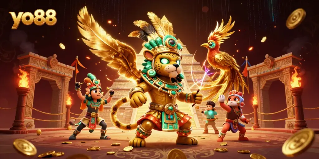 Experience thrilling gaming at yo88 with vibrant 3D characters and casino elements in a dynamic illustration.