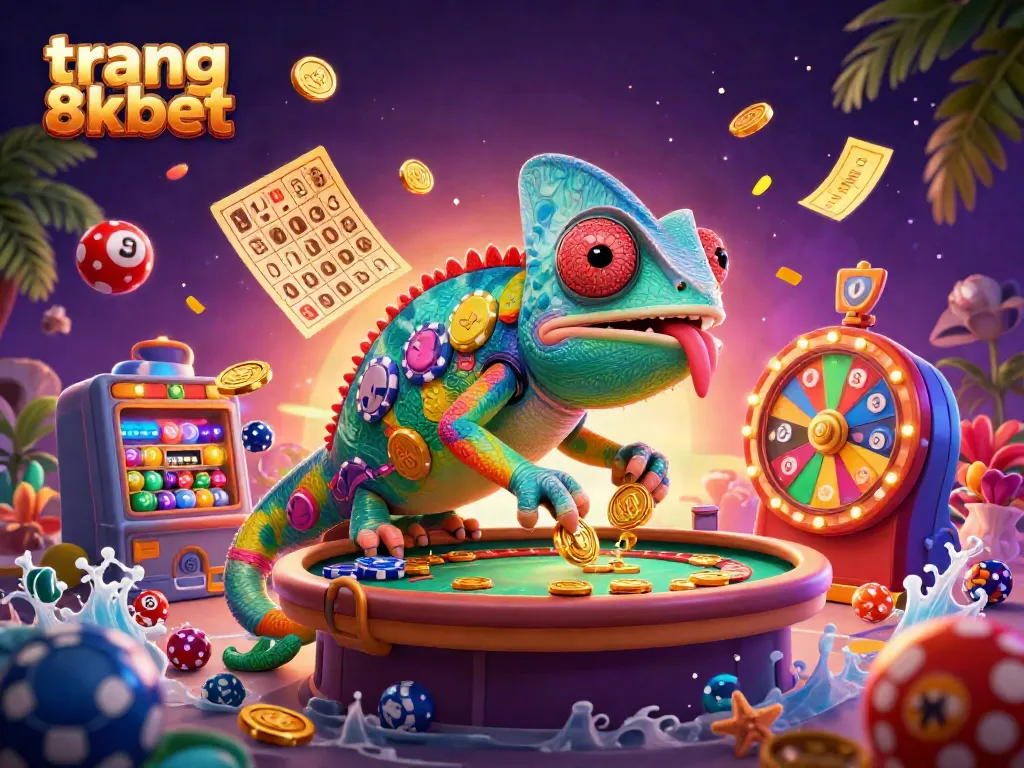 Capture the excitement of gambling at trang 8xbet with a vibrant chameleon casino owner and dynamic game elements.