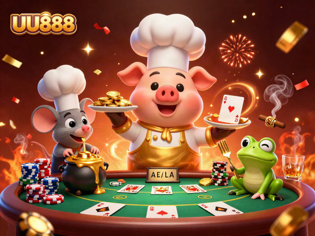 Engage with UU888 as the chef pig serves gold coins amidst poker excitement, showcasing culinary and gambling thrills.