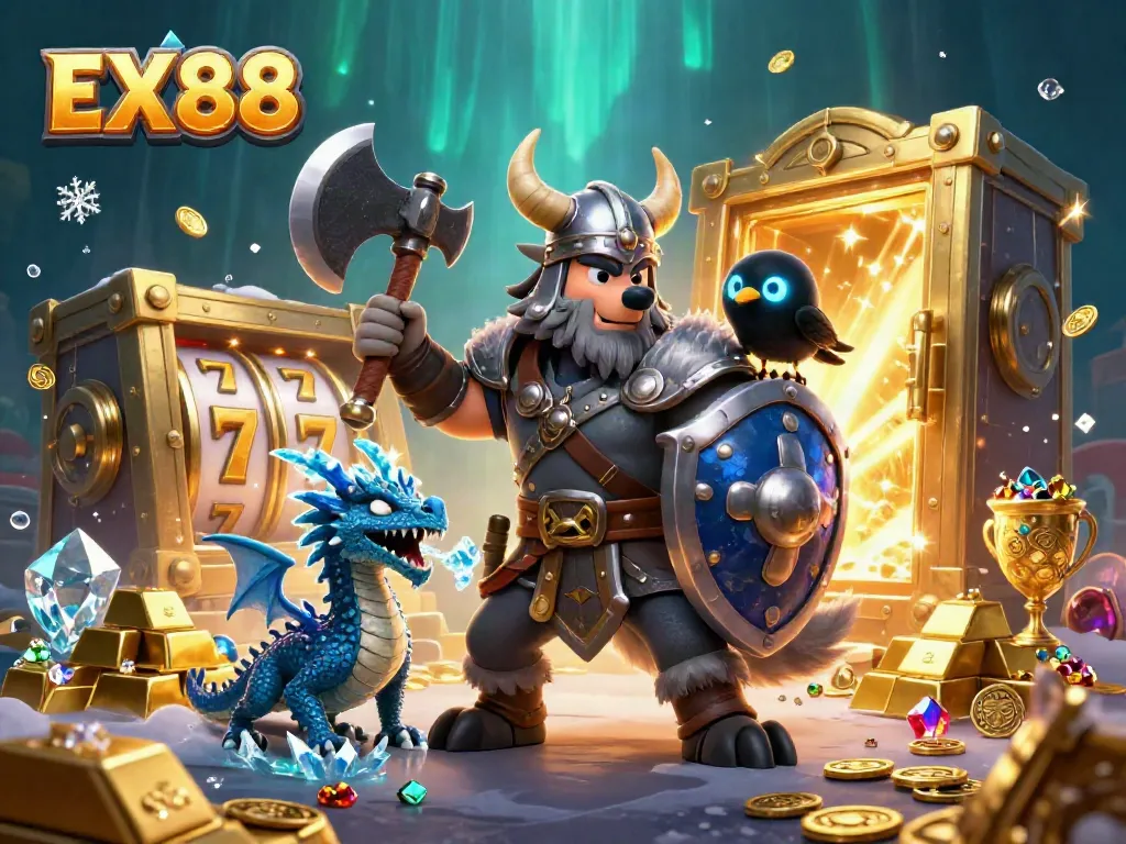 Experience the thrill of gaming with EX88 in a vibrant casino scene featuring warriors and treasures.