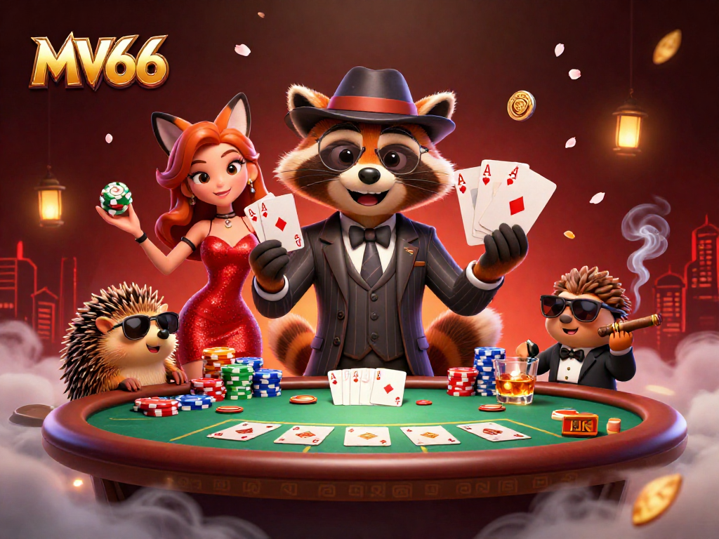 Experience thrilling poker action at MV66 with a suave gentleman raccoon and his fox companion.