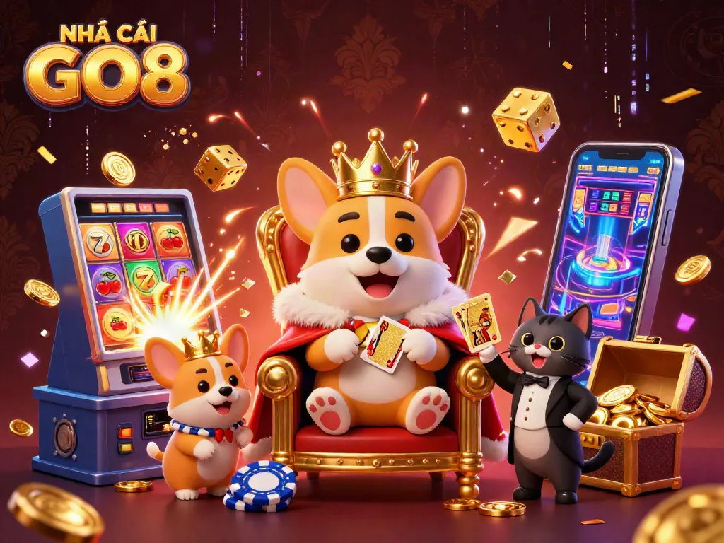 Experience excitement with NHÀ CÁI GO8 featuring a royal corgi, colorful slot machines, and fun casino elements.
