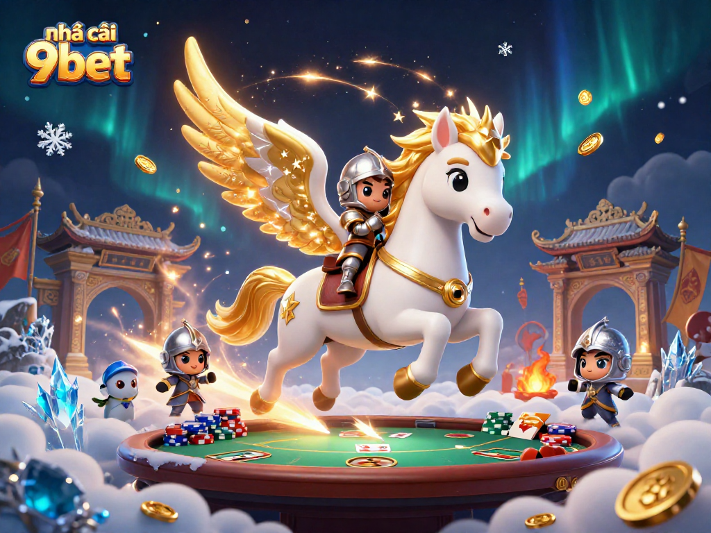 Engage with the thrilling atmosphere at nhà cái 9bet, featuring a celestial horse and poker elements.