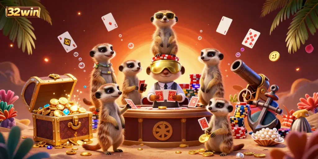 Engage with the dynamic 32win casino scene featuring meerkats amidst gold and treasures.