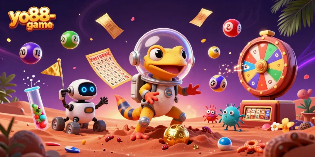Join the excitement with yo88-game as the Martian gecko discovers a golden casino amidst vibrant gambling elements.