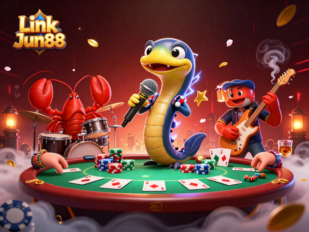 Experience high-energy gaming at Link Jun88 featuring electric eel DJ, lobster drummer, and seahorse guitarist.