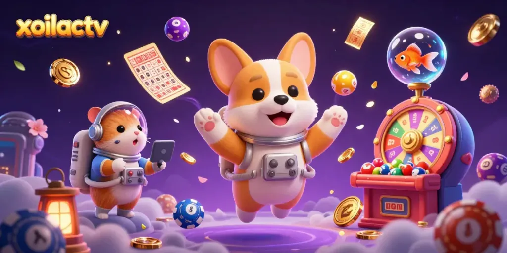 Xoilactv offers a whimsical casino experience showcasing a playful corgi in a space station casino filled with lottery elements and gold.