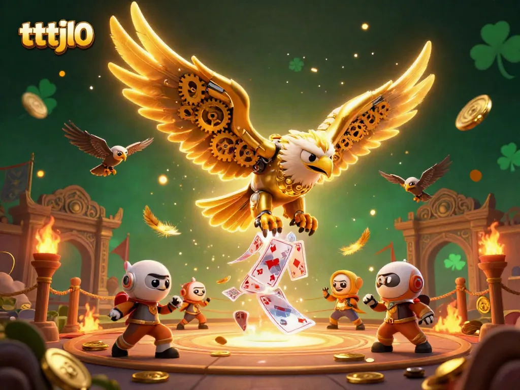 Engage in thrilling gameplay with tttjl0 as a golden eagle dives through holographic cards.