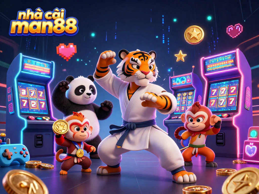 Engage with nhà cái man88 in this vibrant illustration of a kung fu master tiger and gaming elements.