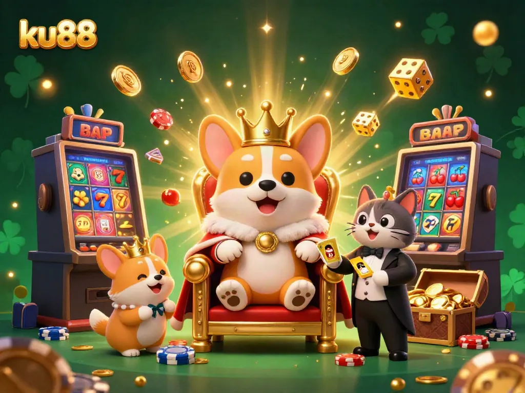 Join the royal corgi on the ku88 throne in a vibrant casino celebration accompanied by playful characters.