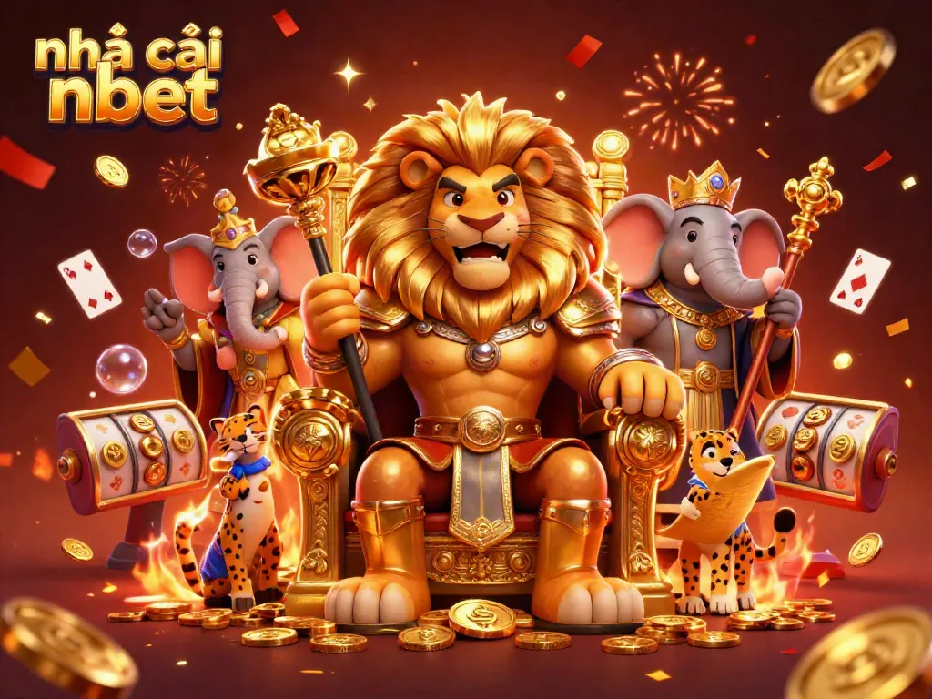 Experience the vibrant world of nhà cái nbet with a regal lion king, wise elephant, and swift cheetah amid lively casino elements.