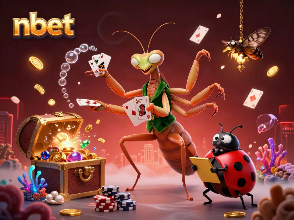Engage in thrilling nbet activities with a vibrant casino scene featuring a giant mantis card sharp and ladybug pit boss.