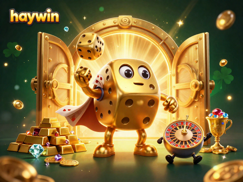 Experience thrilling wins at haywin as a golden dice golem juggles treasures in a lively casino scene.