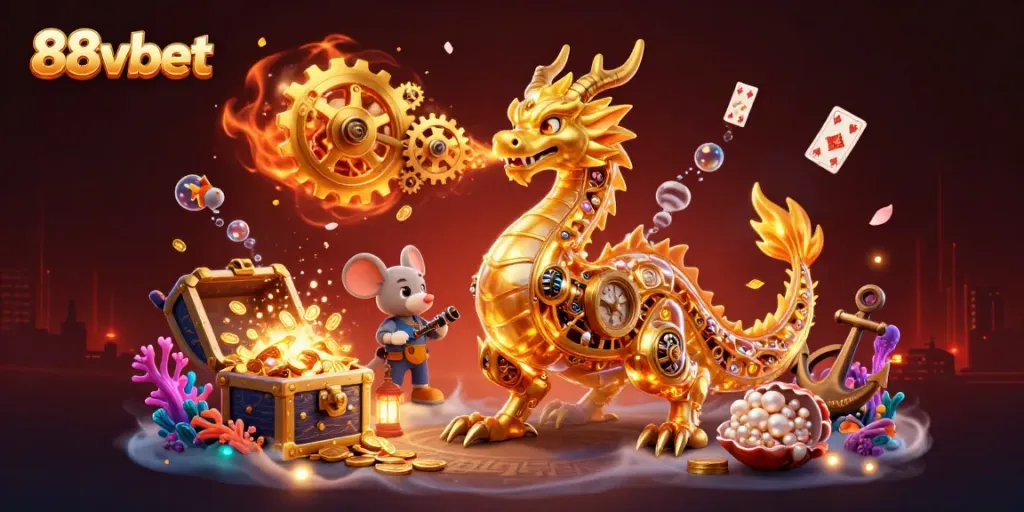 Witness the golden dragon of 88vbet unleashing cogs of fortune in a vibrant underwater casino.