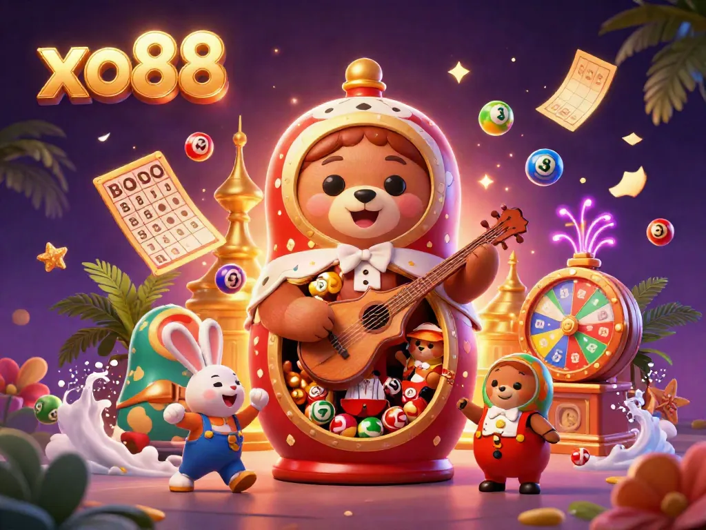 Experience exciting gameplay with xo88 in a whimsical 3D casino scene featuring bears and lottery elements.