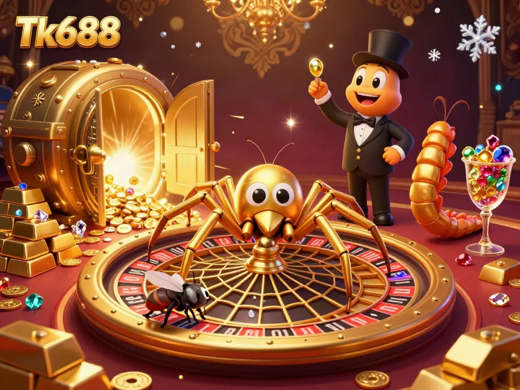 Experience the thrilling world of Tk688 with a golden spider and lively roulette web in a vibrant casino.