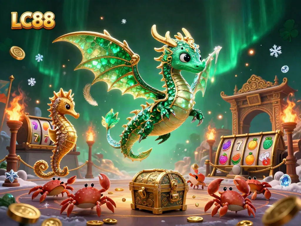 Experience the excitement of LC88 casino with vibrant slot reels and treasures from a sea dragon scene.