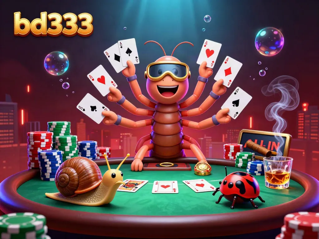 Engage with the bd333 gaming experience through a lively scene featuring a millipede dealer and high-roller snail.