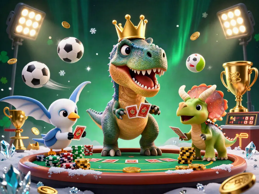 Join the gameplay action with KKWIN as a T-Rex deals cards in a lively casino scene filled with energy.