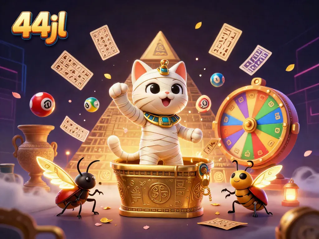 Experience exciting gaming with 44jl's captivating Egyptian-themed casino illustration featuring dynamic lottery elements.
