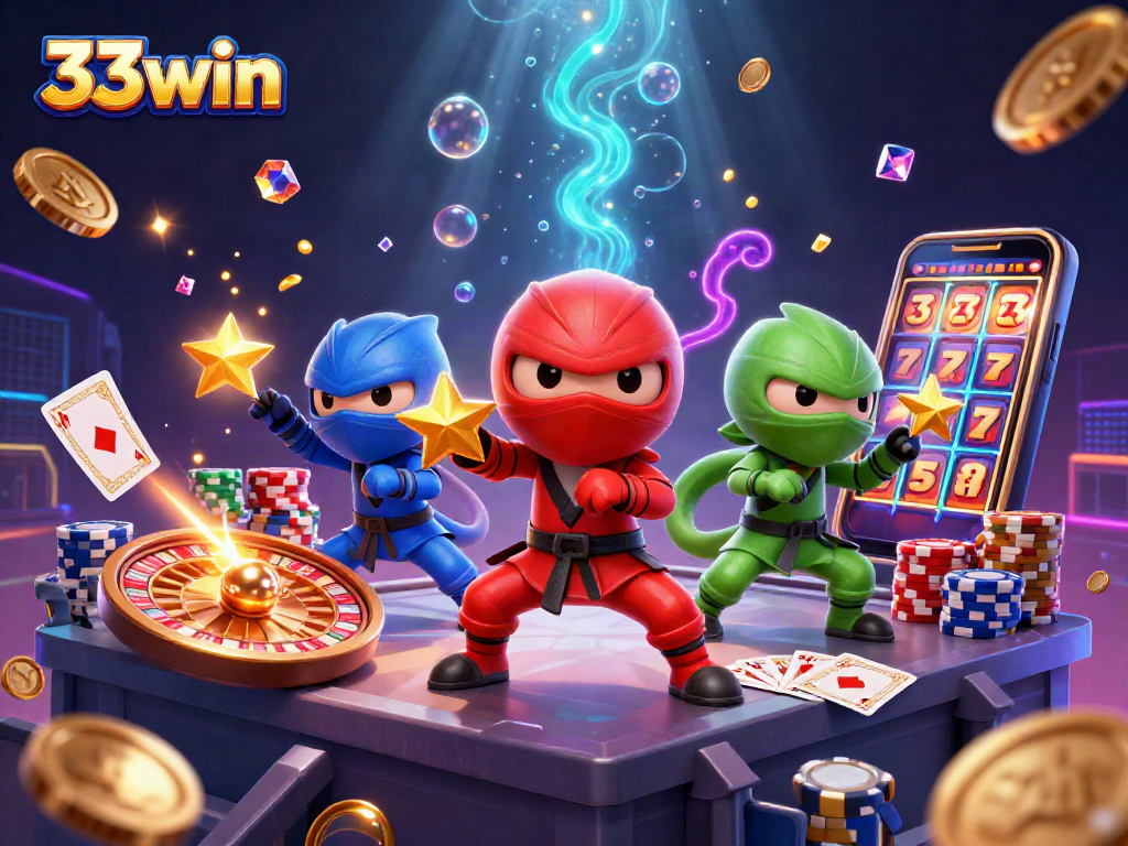 Experience the dynamic excitement of 33win with vibrant 3D ninja chameleons and casino elements.