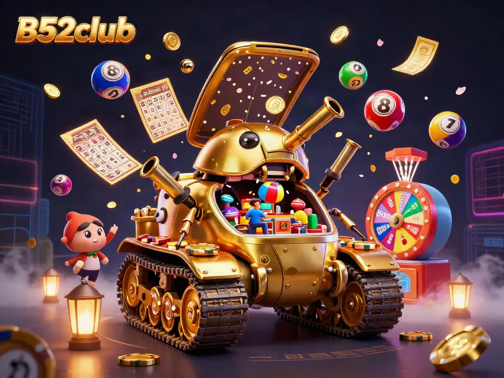Play exciting games at B52club, with dynamic elements like confetti, cash, and lottery balls.