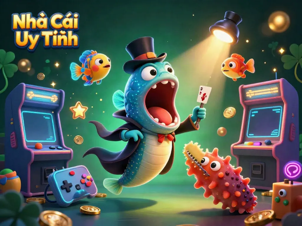 Engage with "Nhà Cái Uy Tín" in a vibrant 3D scene of unique creatures showcasing casino magic tricks.