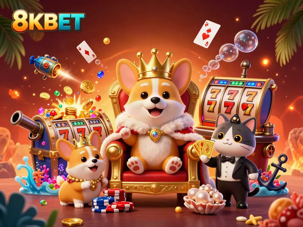 Experience thrilling slots at 8KBET with a royal corgi surrounded by rich casino elements.
