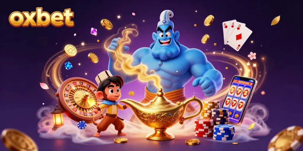 Experience the excitement of oxbet with a captivating 3D casino scene featuring a genie, poker chips, and magical elements.