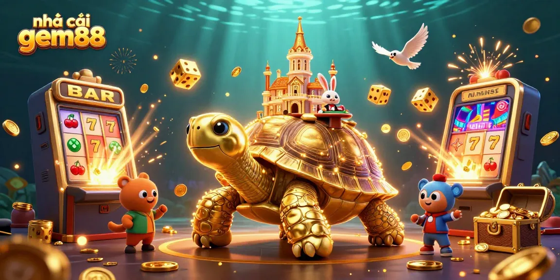 Play slots and win at nhà cái gem88 with a golden tortoise casino scene, featuring vibrant 3D elements and animation.