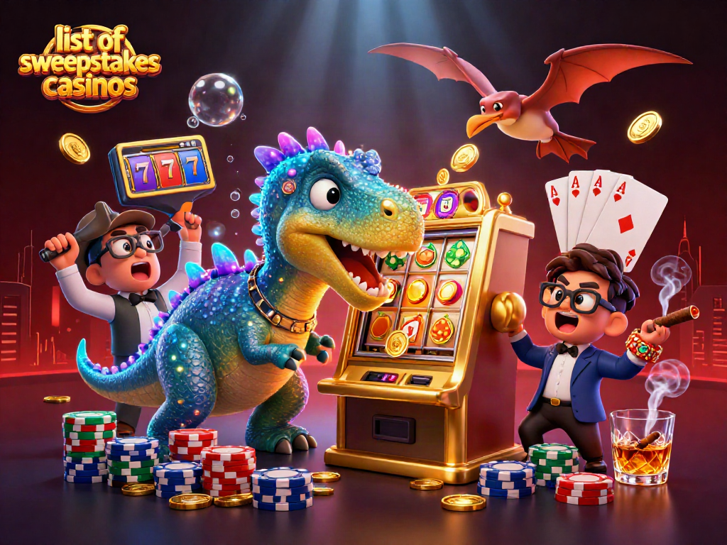 Engage with the exciting list of sweepstakes casinos in a vibrant casino scene featuring dinosaurs and slot machines.